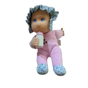 Lollipainnza Baby Doll Pink Outfit Blue Floral Accents Holding Bottle Plush‎ 9"